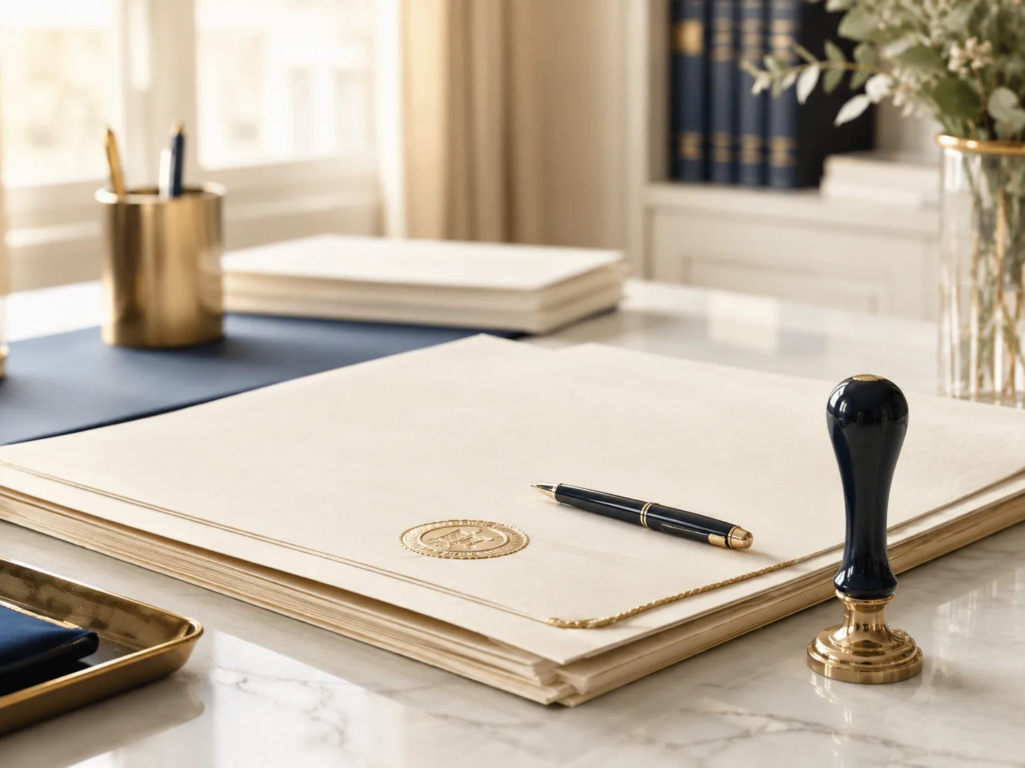 Escritorio notarial de GRS Asesoría Legal: documento, pluma y sello
