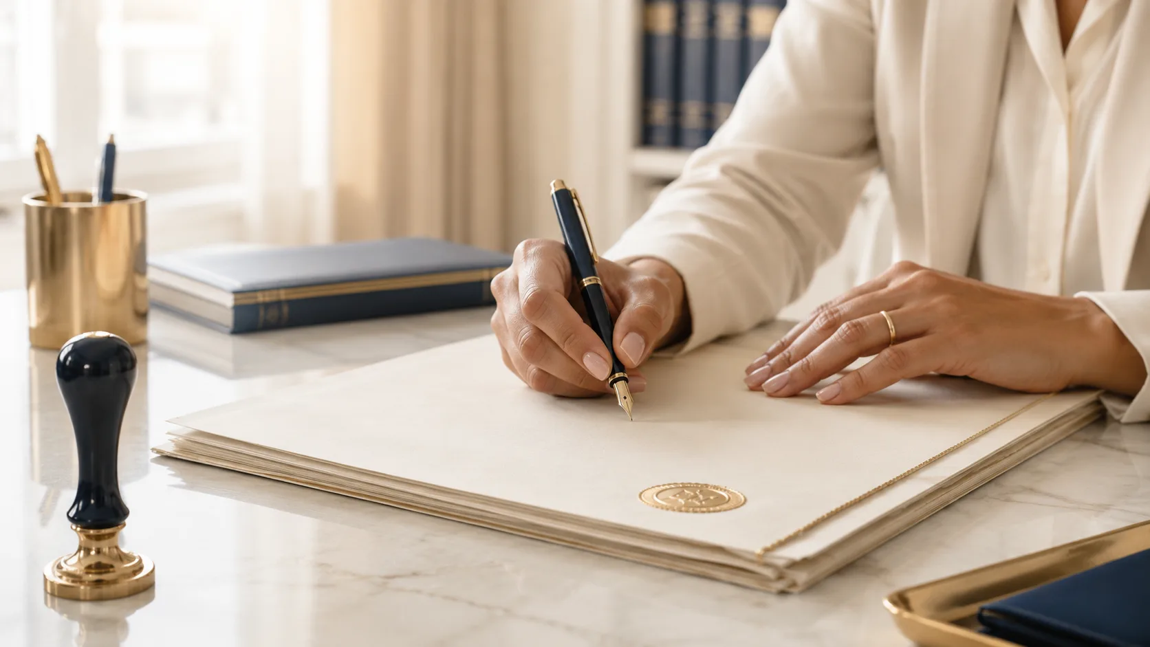 Manos firmando un documento notarial ante notaria